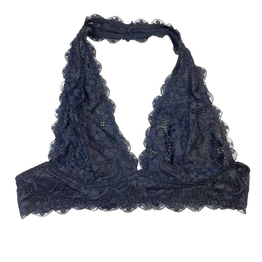 Free People Intimately‎ Black Floral Lace Halter Bralette Bra XS Sheer Scalloped